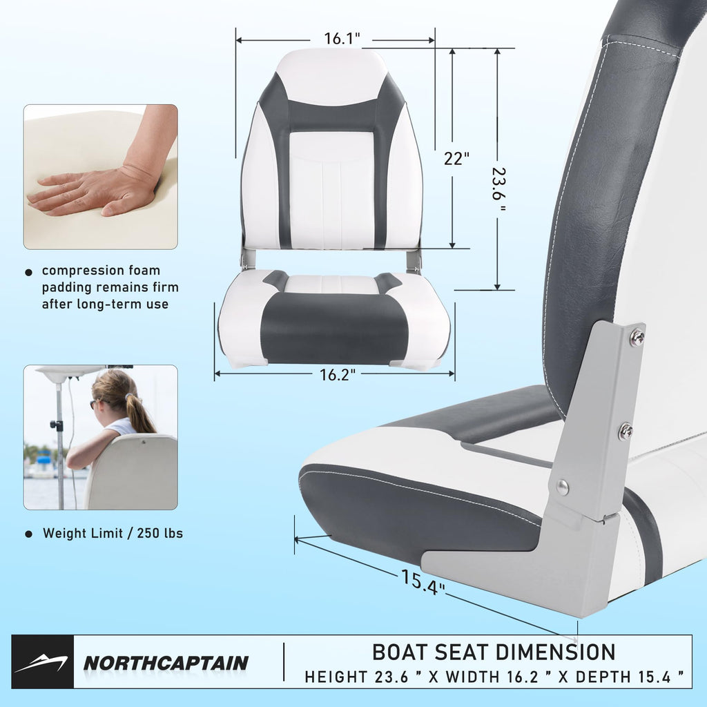 Northcaptain S1 Deluxe A Pair Of Marine High Back Folding Fishing Boat Seat,Stainless Steel Screws Included,White/Charcoal(2 Sea