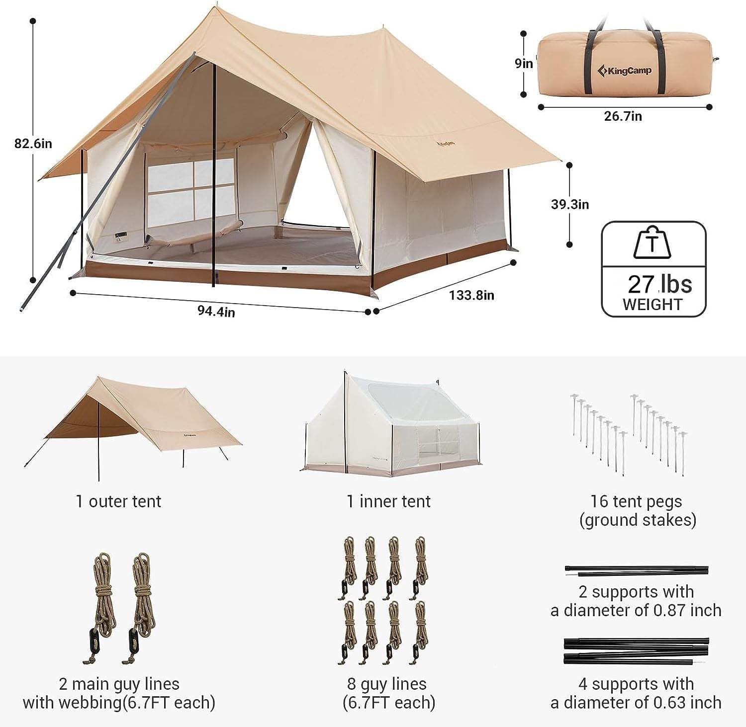 Kingcamp 6-8 Person Canvas Tent For Camping Waterproof & Windproof Cabin Tents With Large Mesh Windows, Easy Setup, All Season W