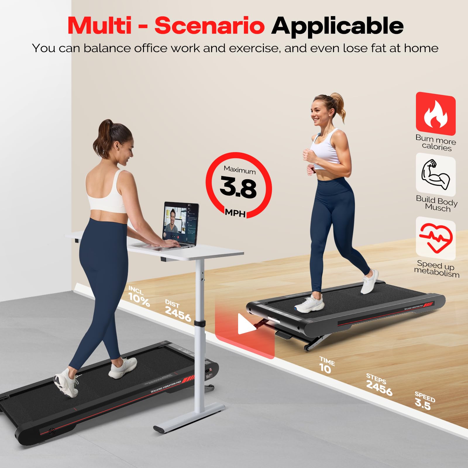 Sperax Walking Vibration Pad with Manual Incline,Under Desk Treadmill for Home,4 in 1 Vibration Plate Exercise Machine with APP,