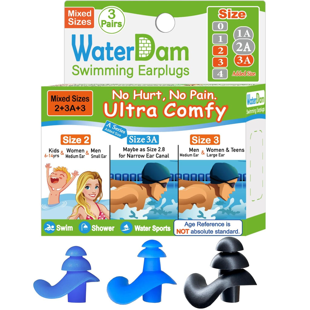 Waterdam Swimming Ear Plugs Great Waterproof Ultra Comfy Earplugs Prevent Swimmer'S Ear (Size 2+3A+3: Small Ear Men Large Ear Te