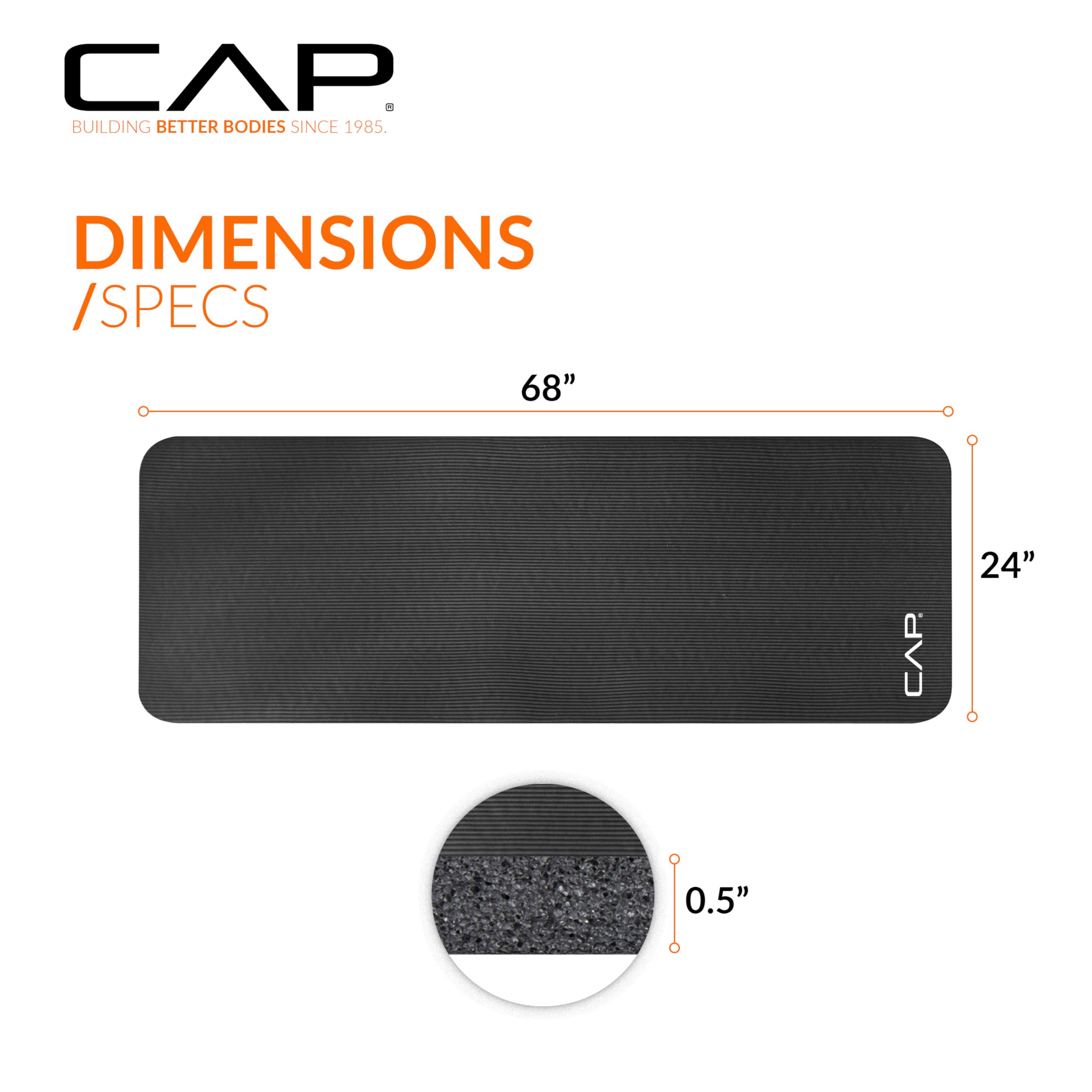 Cap Barbell High Density Exercise Mat With Strap, 68''X24'' 12Mm (Black)