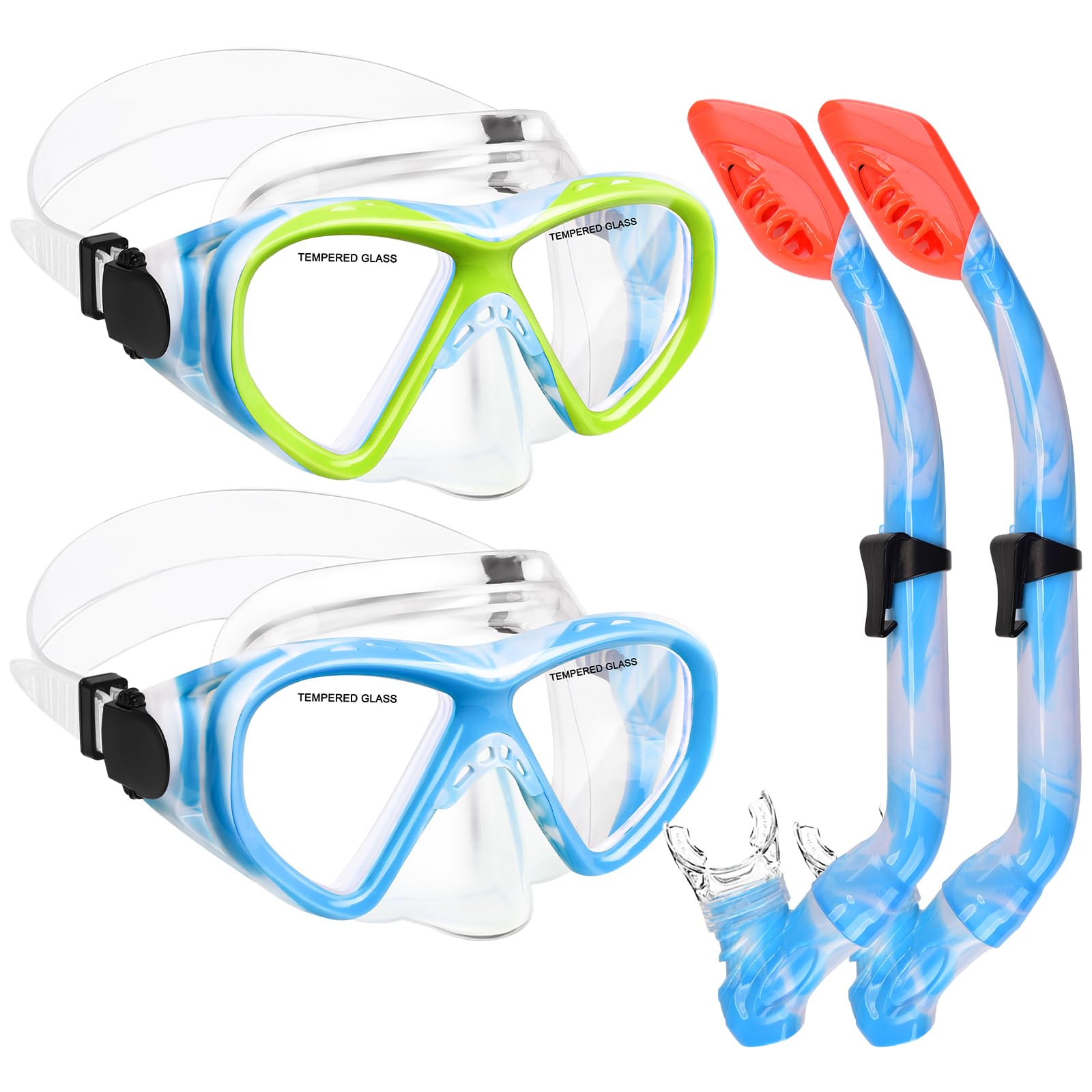 2 Sets Snorkeling Gear for Kids, Kids Snorkel Set for Ages 6-14, Dry Top Snorkel Mask Set for Youth Boys Girls Junior, Tempered 