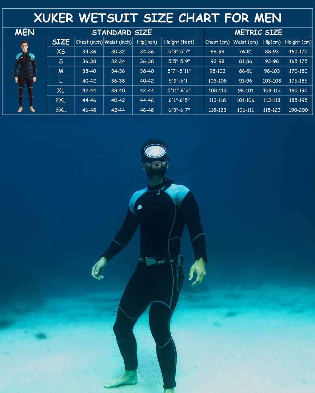 Xuker Wetsuit Men, 3Mm Neoprene Long Sleeve Full Body Front Zip Wet Suit In Cold Water For Diving Surfing Snorkeling Kayaking Sw