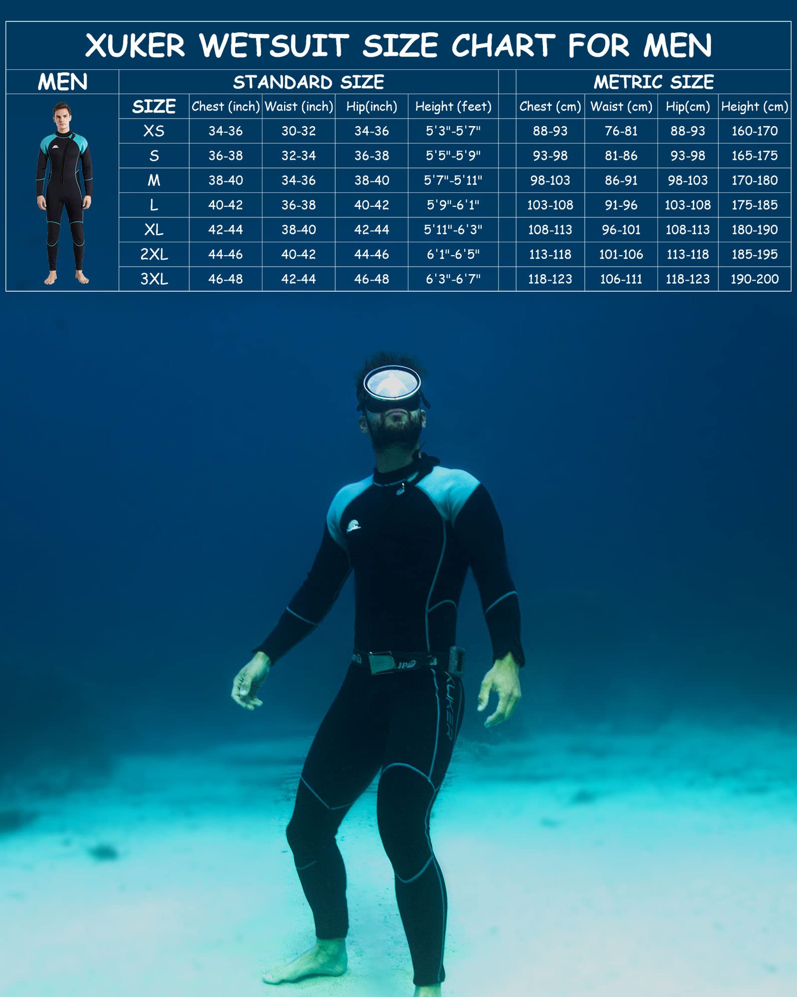 Xuker Wetsuit Men, 3Mm Neoprene Long Sleeve Full Body Front Zip Wet Suit In Cold Water For Diving Surfing Snorkeling Kayaking Sw