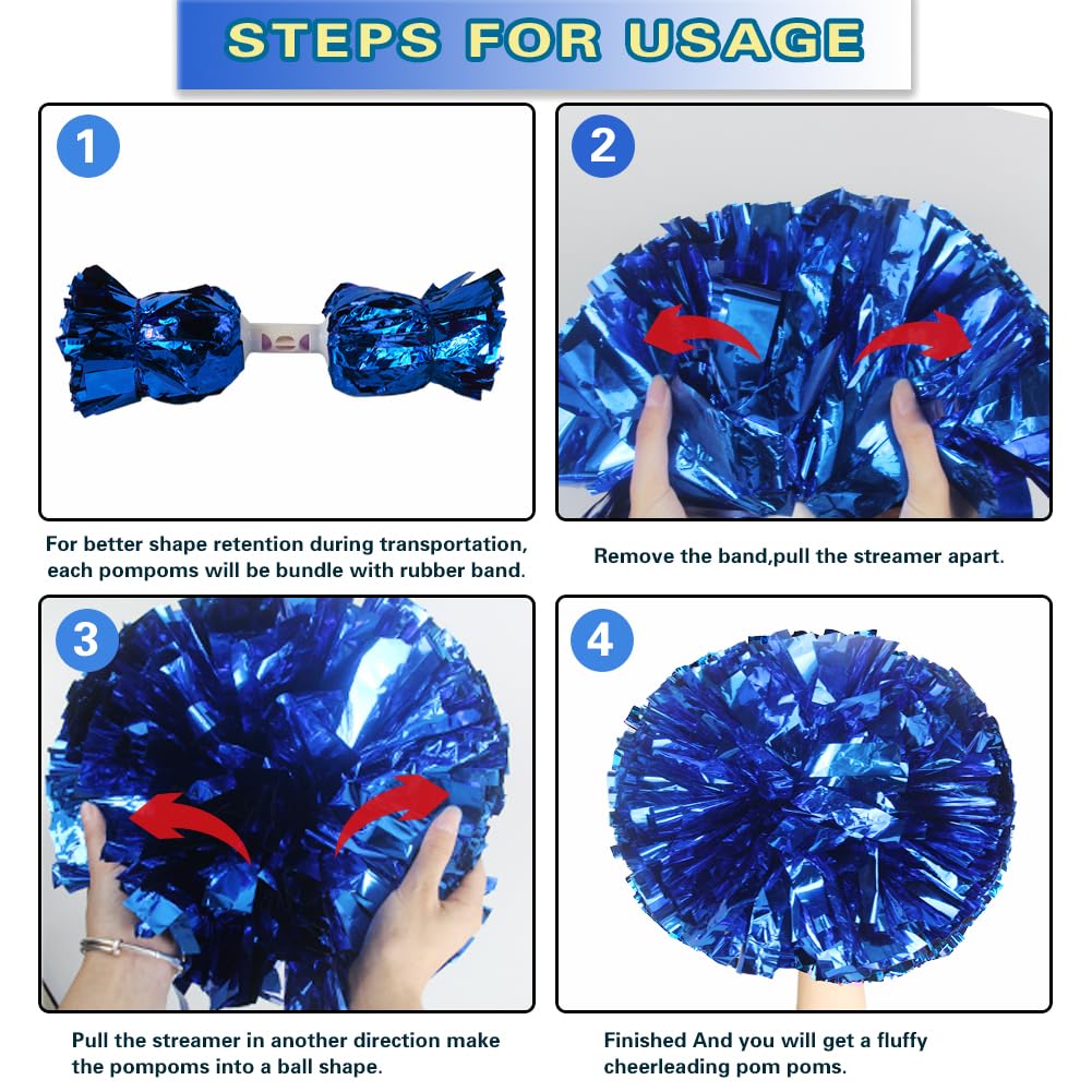 Lovecheer 2Pcs Pom Poms Cheerleading Blue Metallic Cheer Pom Poms With Baton Handle For Sports Team Spirit Party Cheering