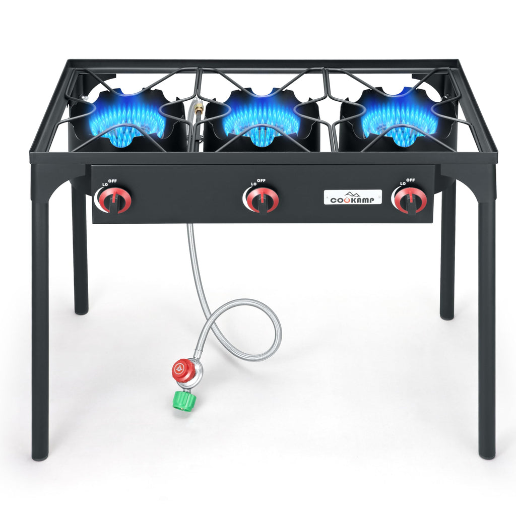 Cookamp High Pressure Triple Propane Burner Outdoor Propane Camping Stove With 0-20 Psi Adjustable High Pressuer Regulator And S