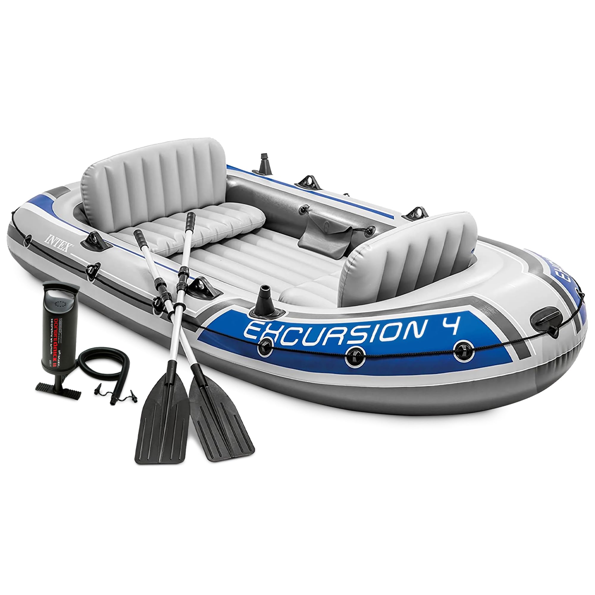 INTEX 68324EP Excursion 4 Inflatable Boat Set: Includes Deluxe 54in Boat Oars and High-Output Pump - Adjustable Seats with Backr