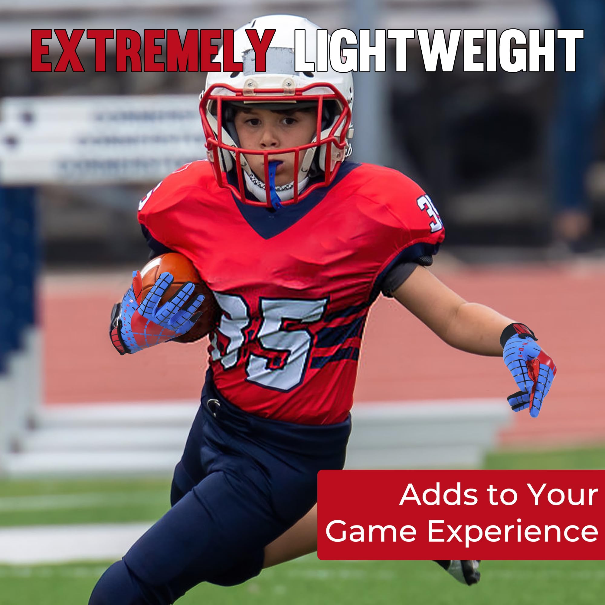 AIGEVTURE Youth Football Gloves Kids Inspired Receiver Gloves Boys Girls Unmatched Grip Comfort Blue and Red X-Large