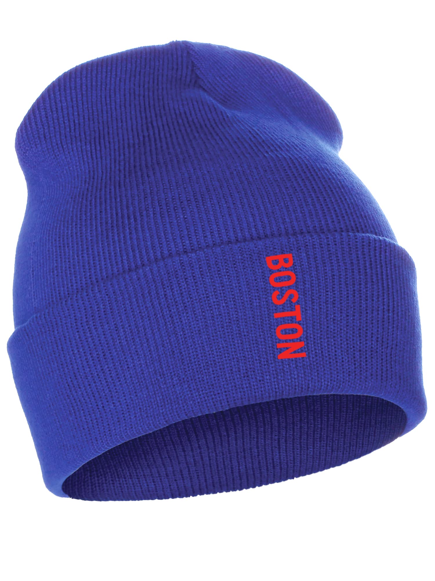 Daxton Vertical Usa Cities Cuffed Beanie Winter Knit Hat Skully Cap, Boston Royal Red