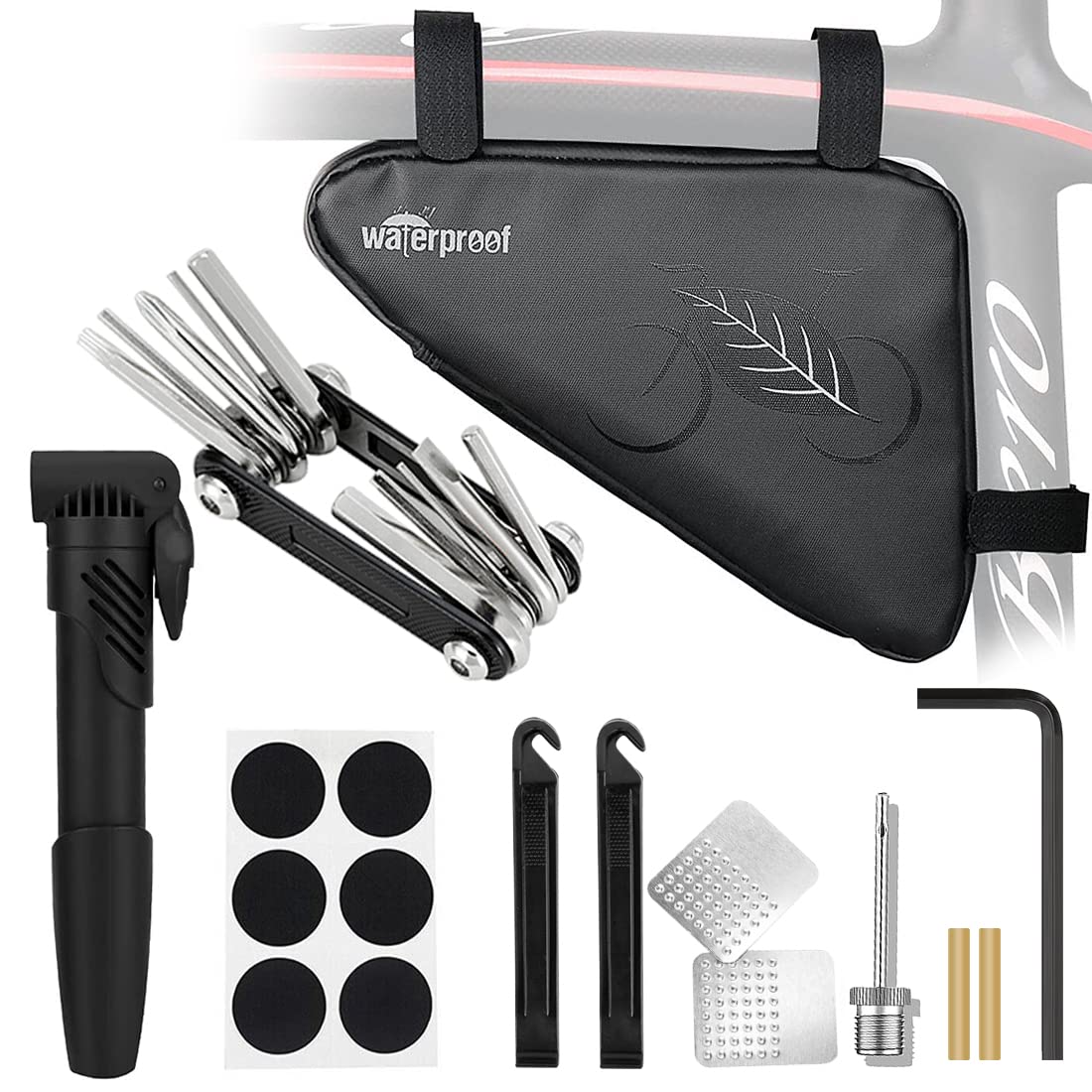 Wotow Bike Tire Repair Tool Kit, Waterproof Frame Storage Bag & Mini Bike Pump & 11 In 1 Multitool & Bicycle Tyre Lever Patch Po