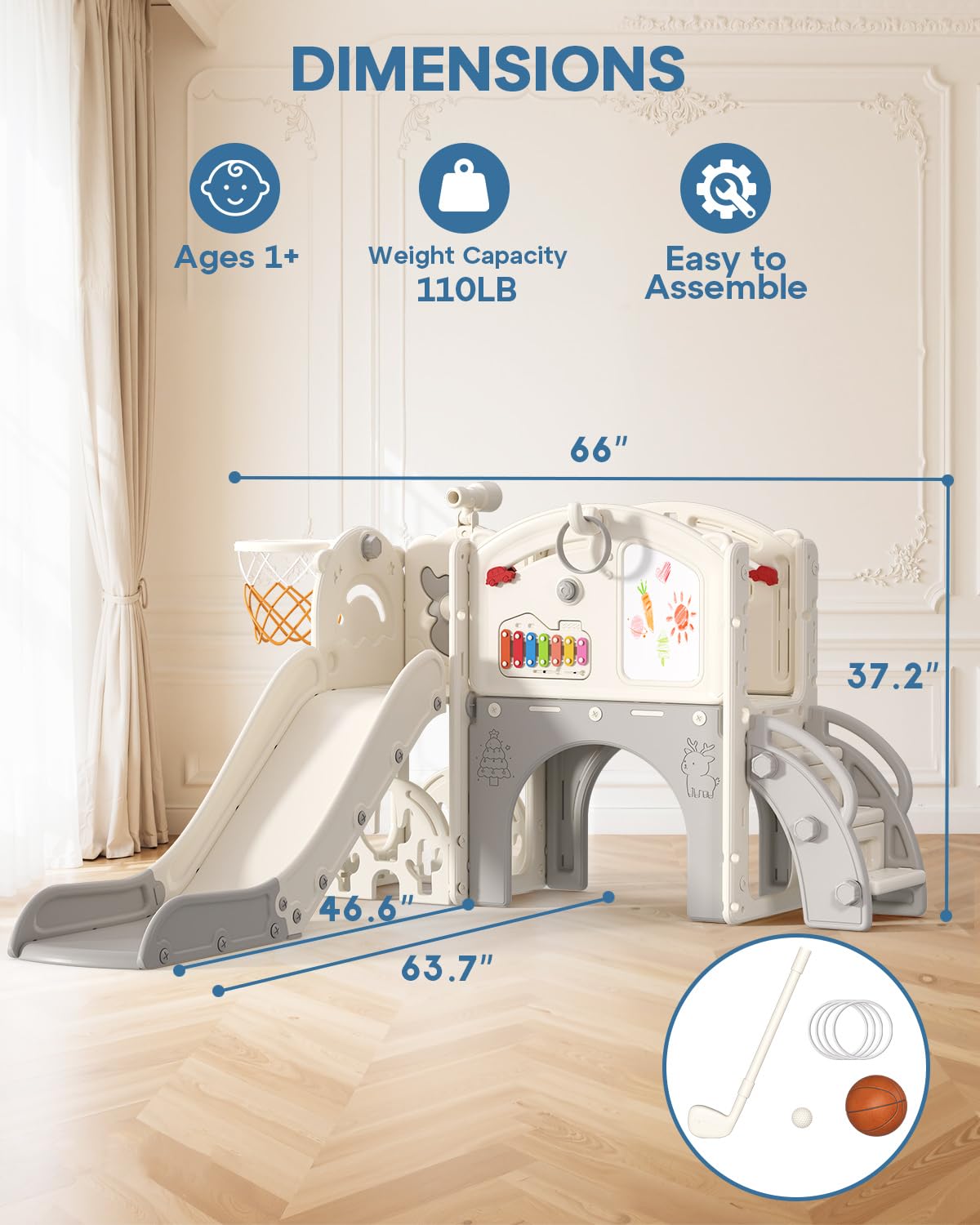 BIERUM Toddler Slide Set, 13 in 1 Kids Indoor Slide for Toddler 1-3, Indoor Outdoor Toddler Slide Playset with Basketball Hoop,