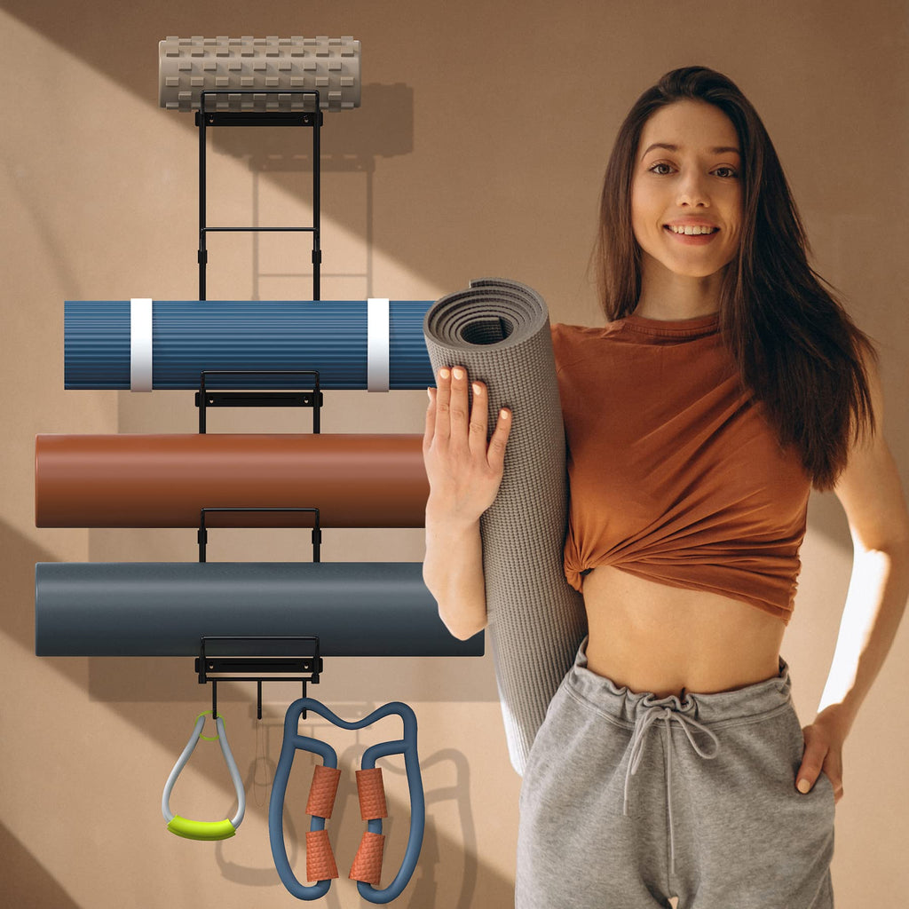 Yoga Mat Holder Wall Mount, Wall Rack Organizer, Storage Foam Roller And Block, With 5 Sectional And 3 Hooks For Hanging Yoga St