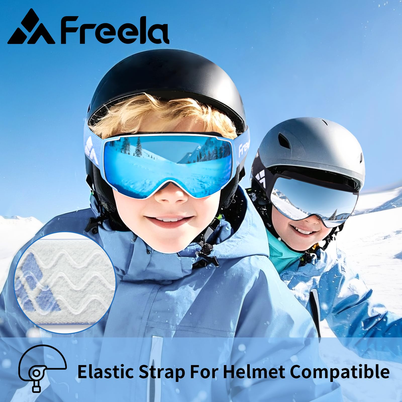 Freela 2 Pack Kids Blue&Black Skiing Snowboarding Snowmobile Winter Snow Goggles for Toddler Boy Girl Youth 4-6 10-12 8-12 6-14,