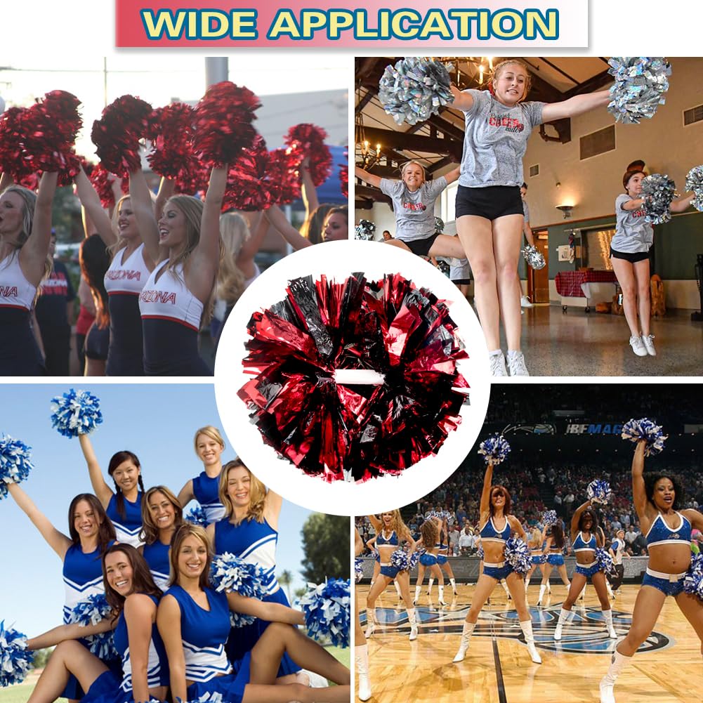 Lovecheer 2Pcs Pom Poms Cheerleading Metallic Black And Red Cheer Pom Poms With Baton Handle For Sports Team Spirit Dance Party