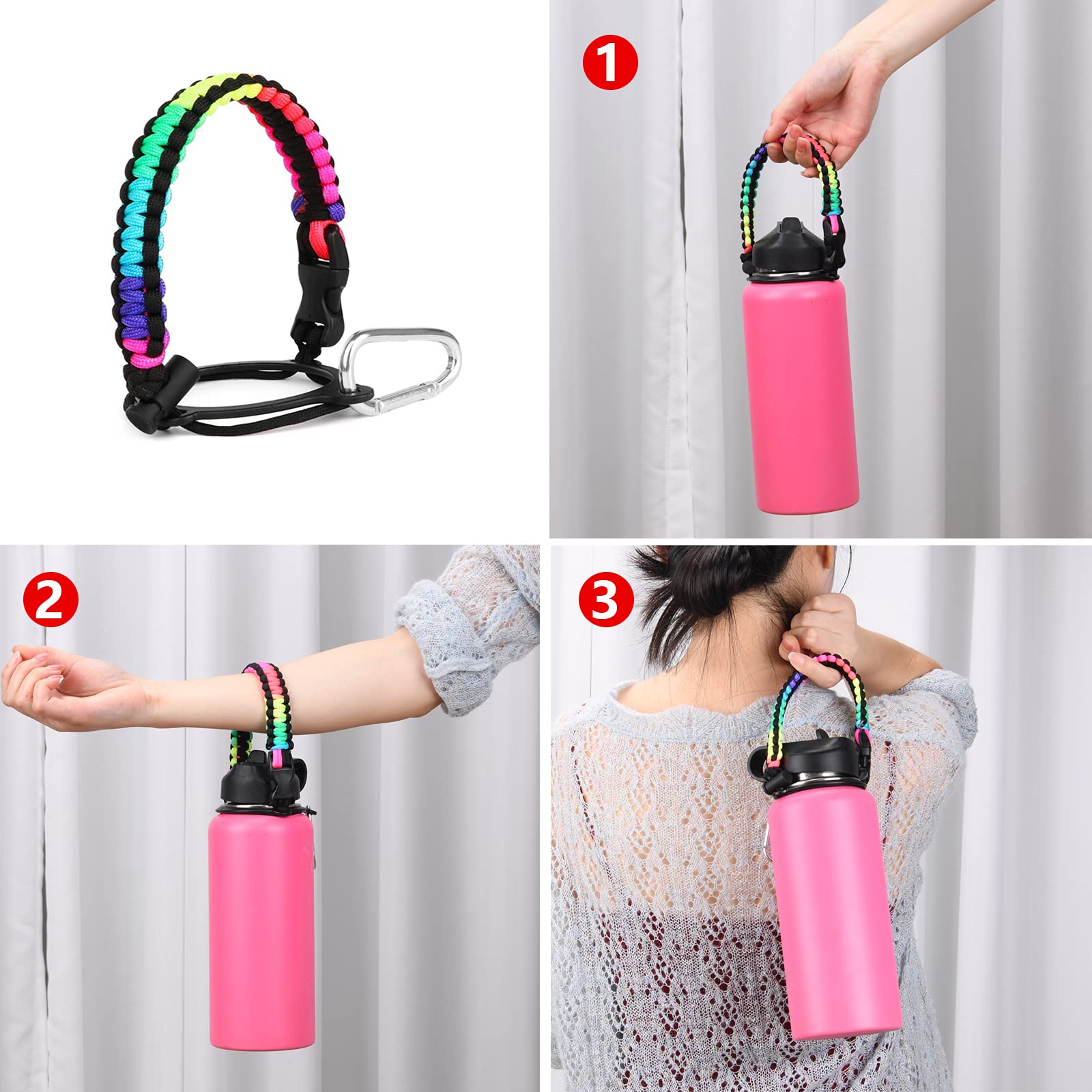 Wongeto Paracord Handle Carrier Holder With Shoulder Strap,Compatible With Hydro Flask Wide Mouth Water Bottles 12Oz - 64 Oz And