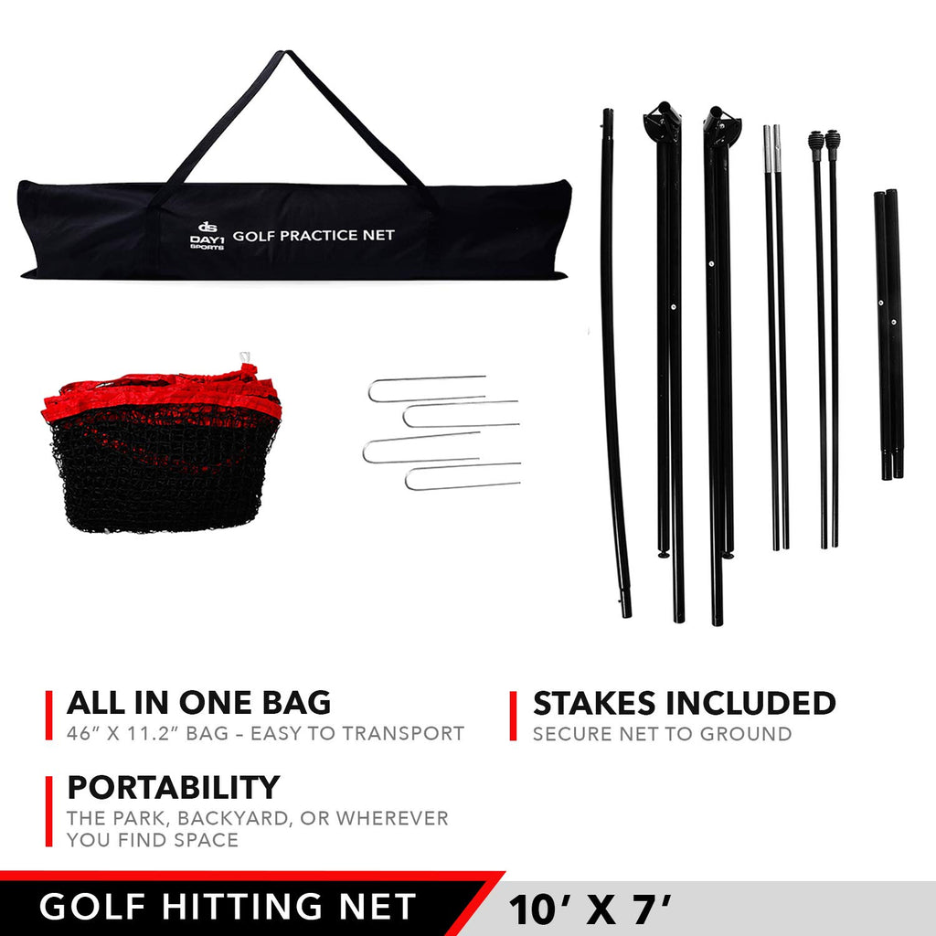 Practice Golf Hitting Net By Day 1 Sports - Large 10X 7- Portable Carry Bag - Indoor Or Outdoor Use - Quick And Easy Assembly -