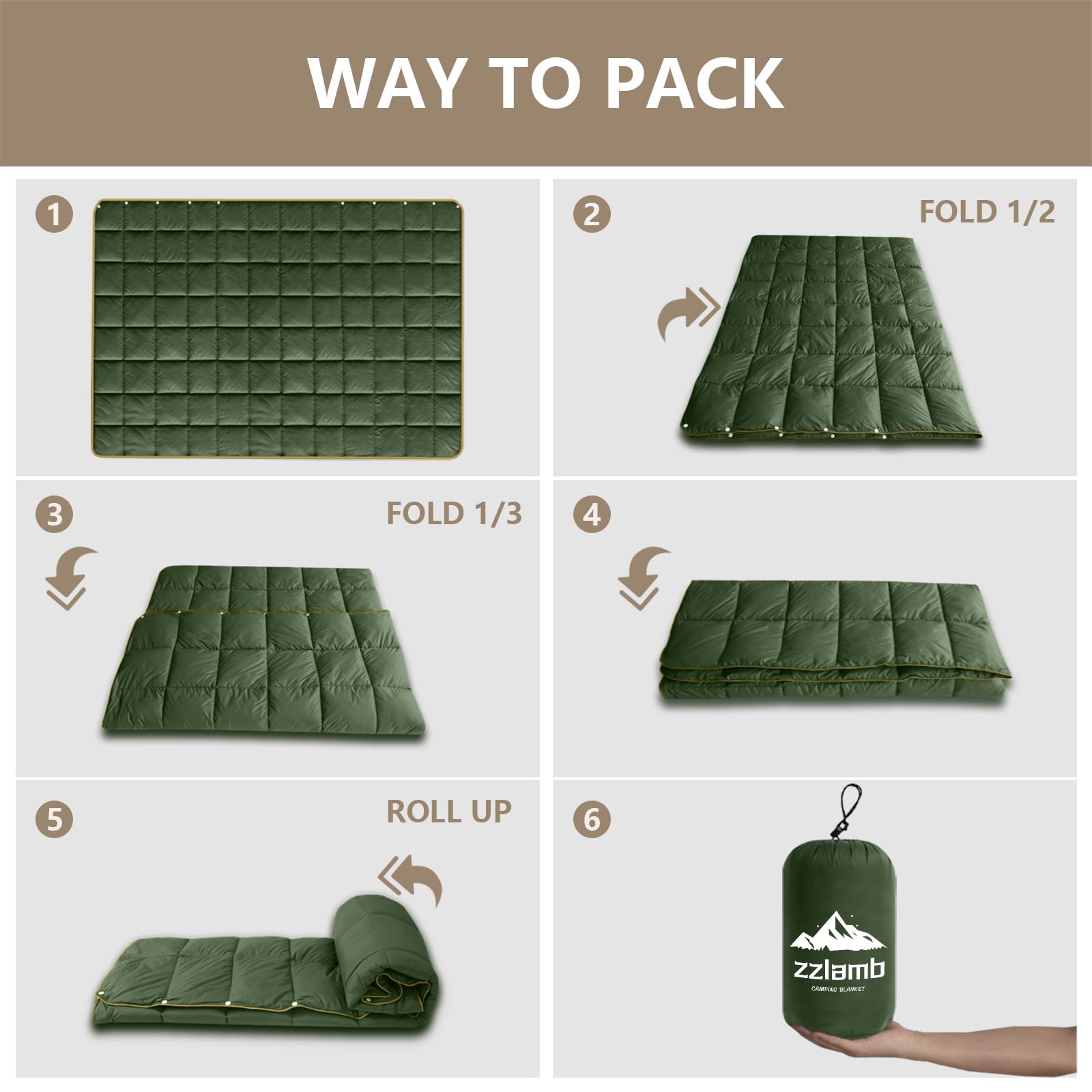 Zzlamb Puffy Camping Blanket For Adults, Compact Soft Warm Blanket Water-Repellent, Packable Lightweight Quilt Down Alternative