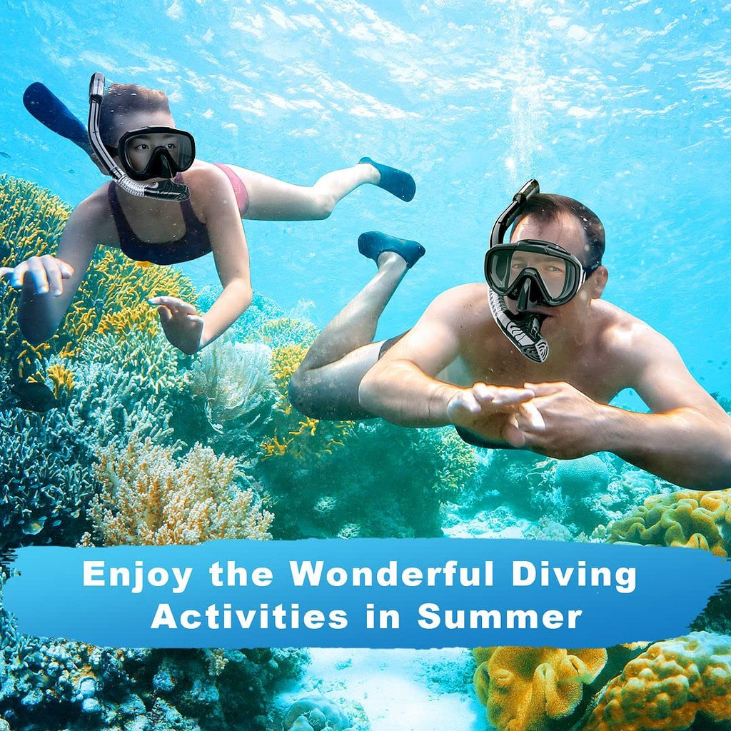 Snorkel Set, Dry Top Snorkeling Gear For Adults, Panoramic Anti-Leak And Anti-Fog Tempered Glass Lens, Adults Adjustable Snorkel