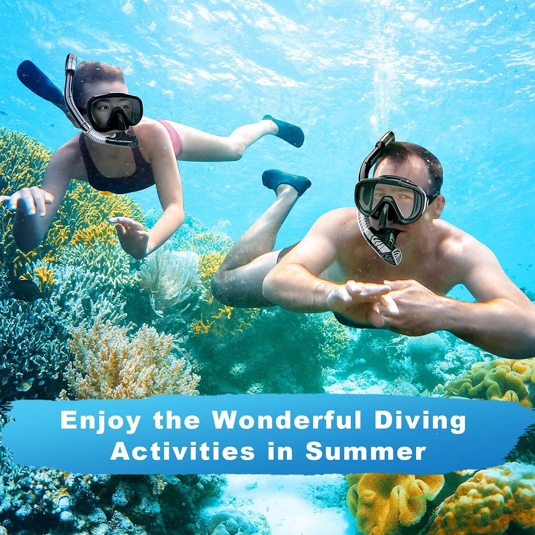 Snorkel Set, Dry Top Snorkeling Gear For Adults, Panoramic Anti-Leak And Anti-Fog Tempered Glass Lens, Adults Adjustable Snorkel