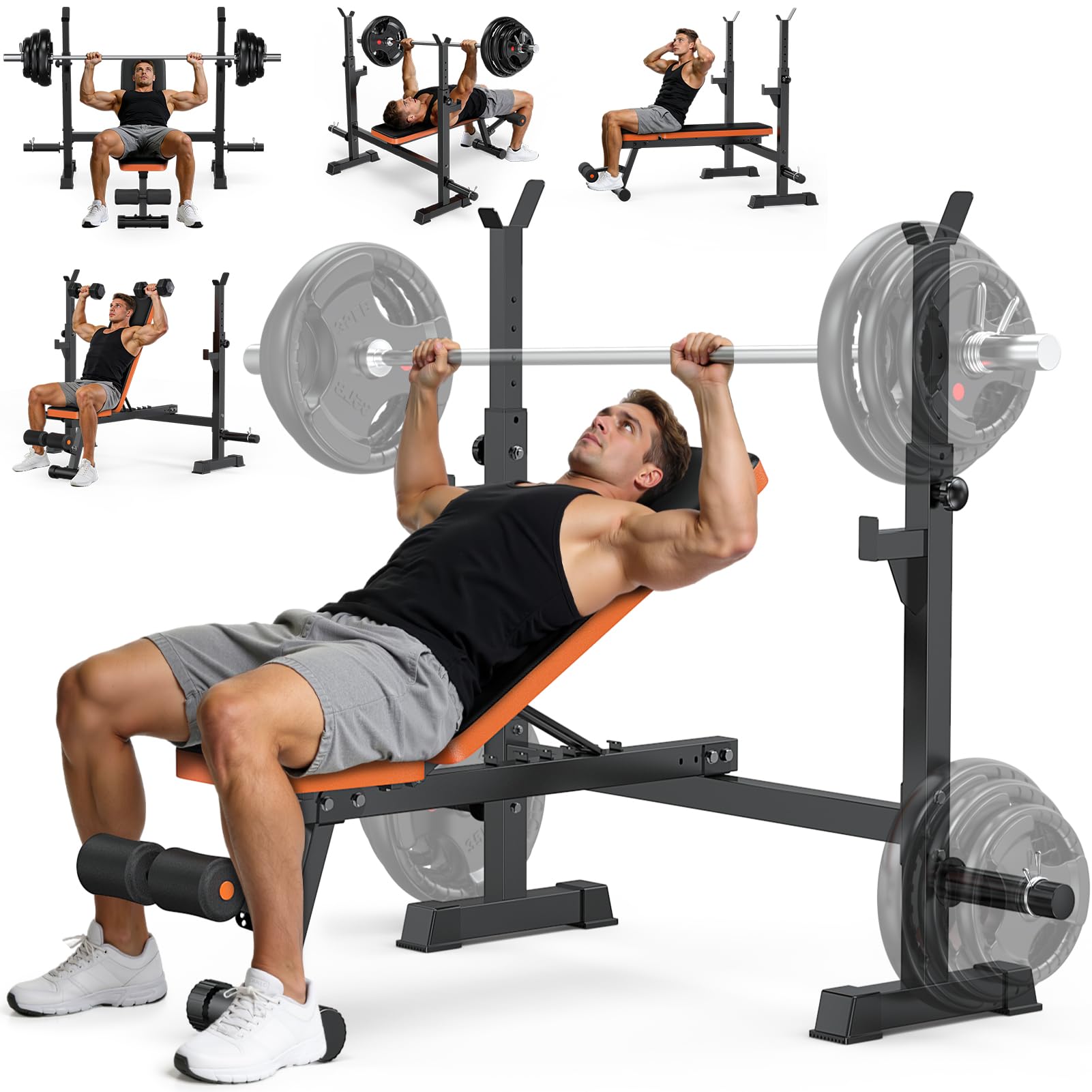 Adjustable Weight Bench with Squat Rack, 770lbs Heavy Duty Olympic Bench Press for Home Gym, Multi-Function Flat Incline Workout