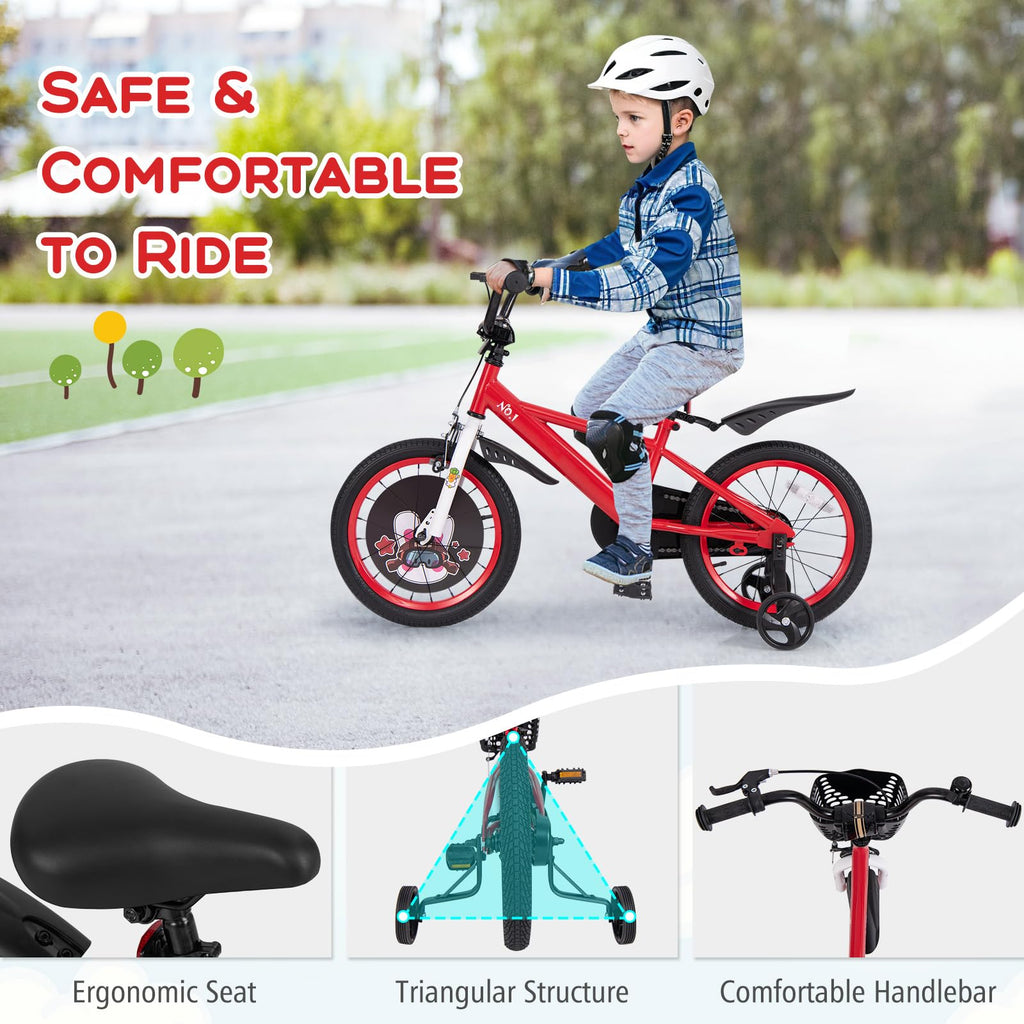 BABY JOY Kids Bike, 16 Inches Child Bike for 4-7 Years Old with Adjustable Height, Training Wheels, Storage Basket, Handbrake &