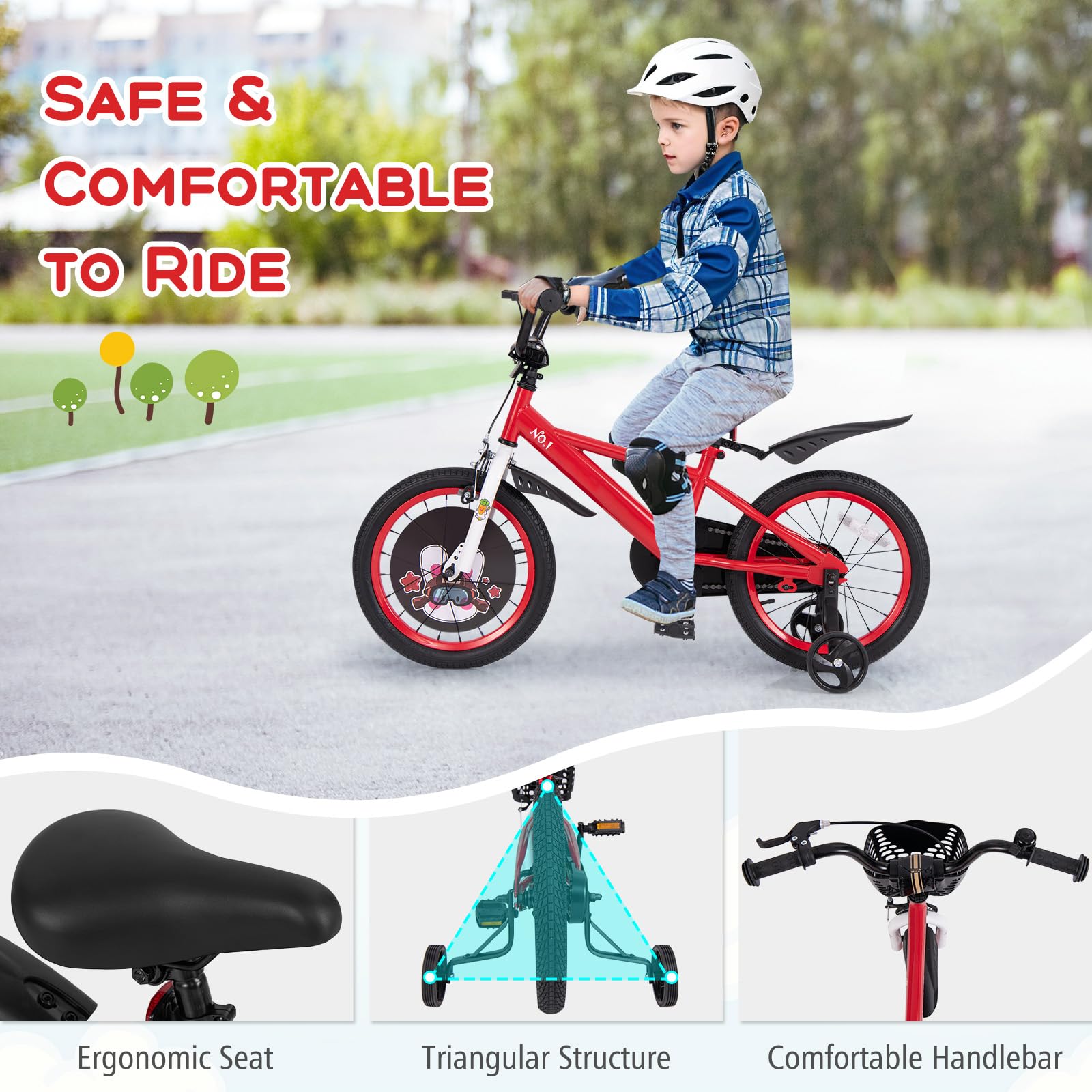 BABY JOY Kids Bike, 16 Inches Child Bike for 4-7 Years Old with Adjustable Height, Training Wheels, Storage Basket, Handbrake &