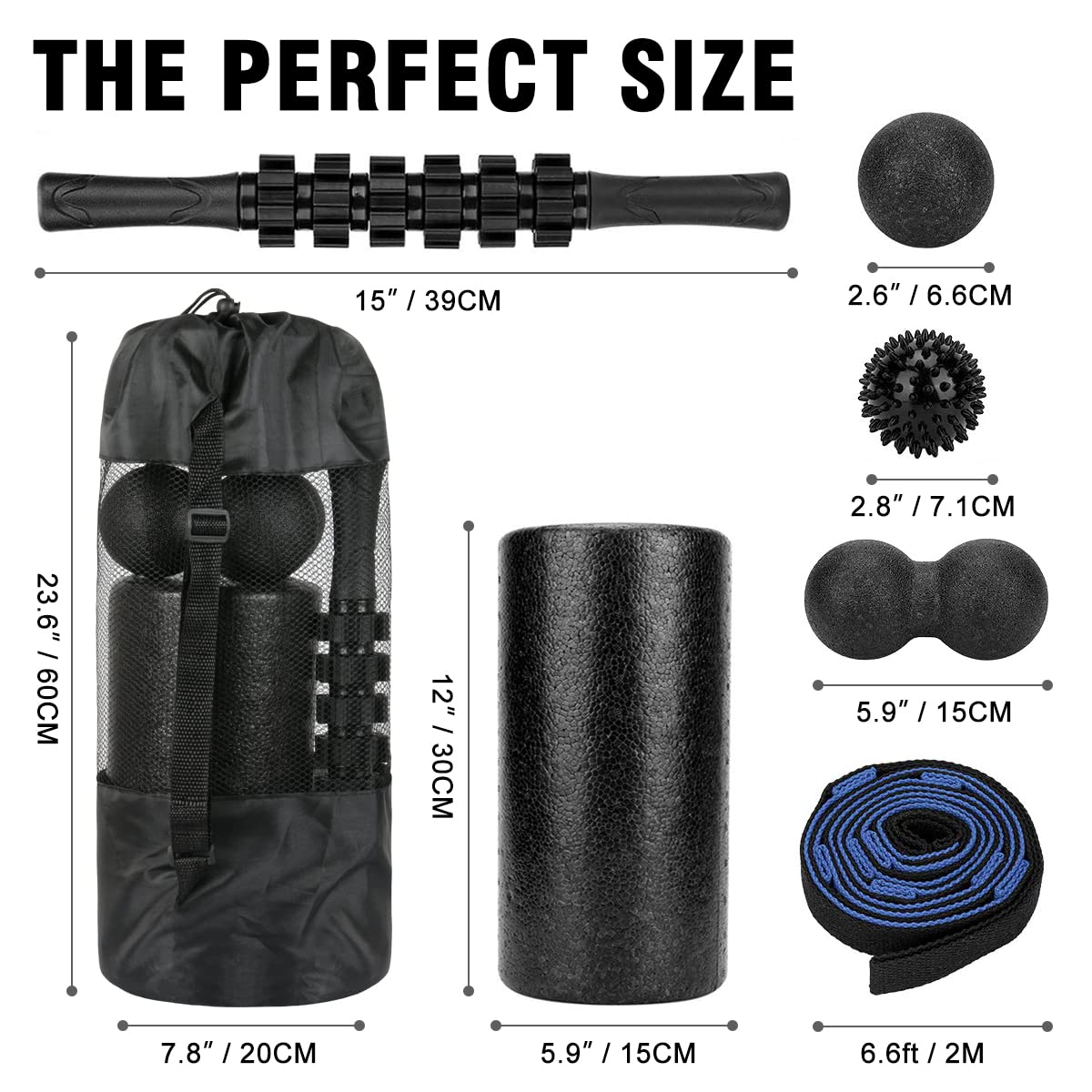 Foam Roller Set - High Density Back Roller, Muscle Roller Stick,2 Foot Fasciitis Ball, Stretching Strap, Peanut Massage Ball For