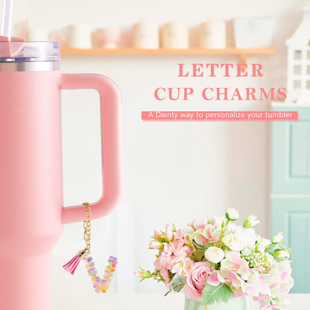 Letter Charm Accessories for Stanley Cup 1 PCS Cute Initial Keychain Handle Charm for Stanley Tumbler for Women Pink Letter V