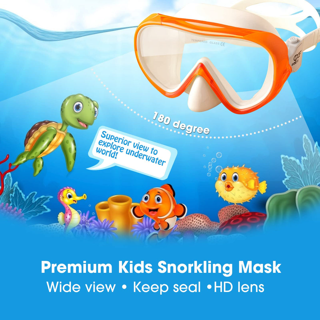 Kids Snorkel Swim Mask, Child Diving Mask Anti-Fog Swim Goggles With Nose Cover For Snorkeling Diving Swimming (Orange)