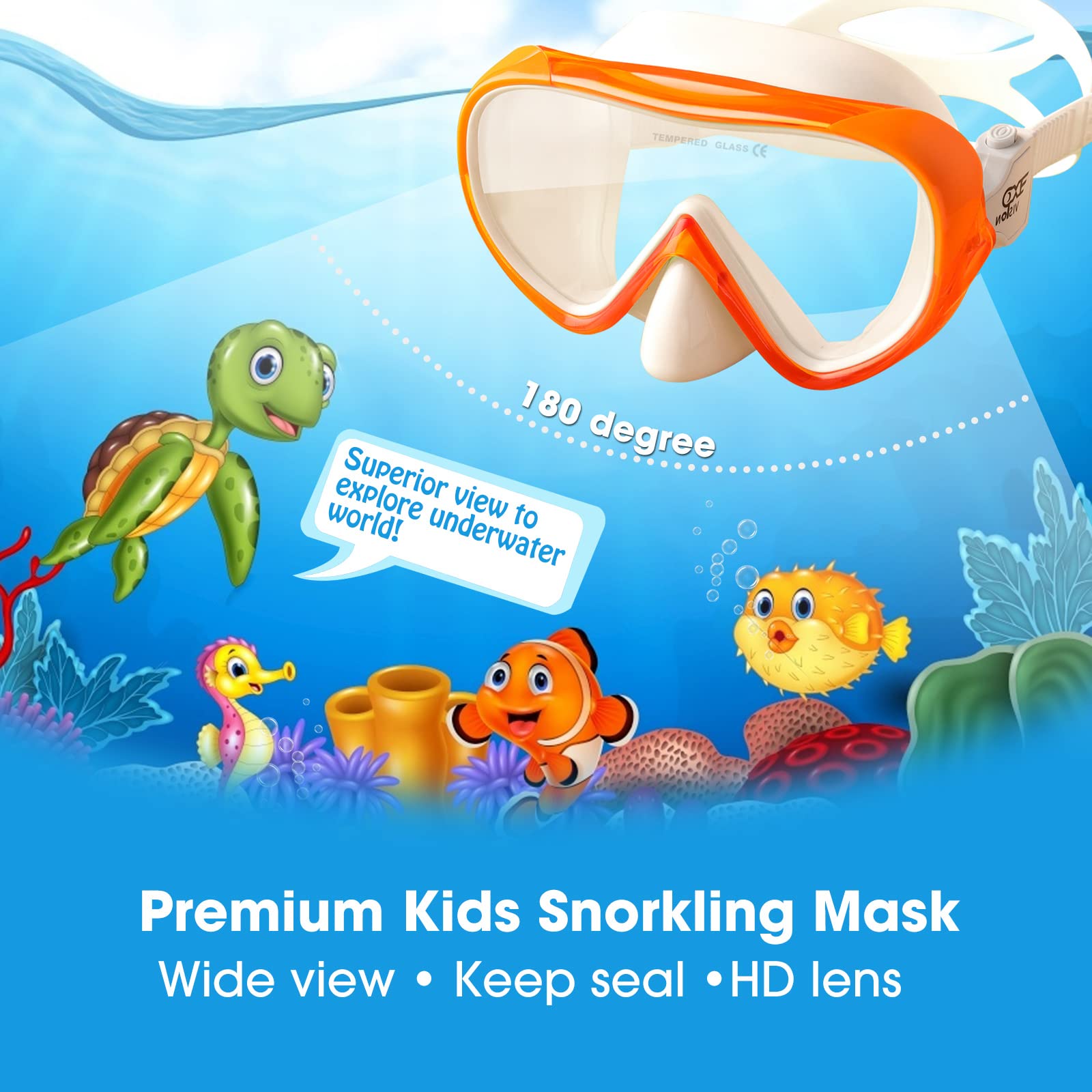 Kids Snorkel Swim Mask, Child Diving Mask Anti-Fog Swim Goggles With Nose Cover For Snorkeling Diving Swimming (Orange)