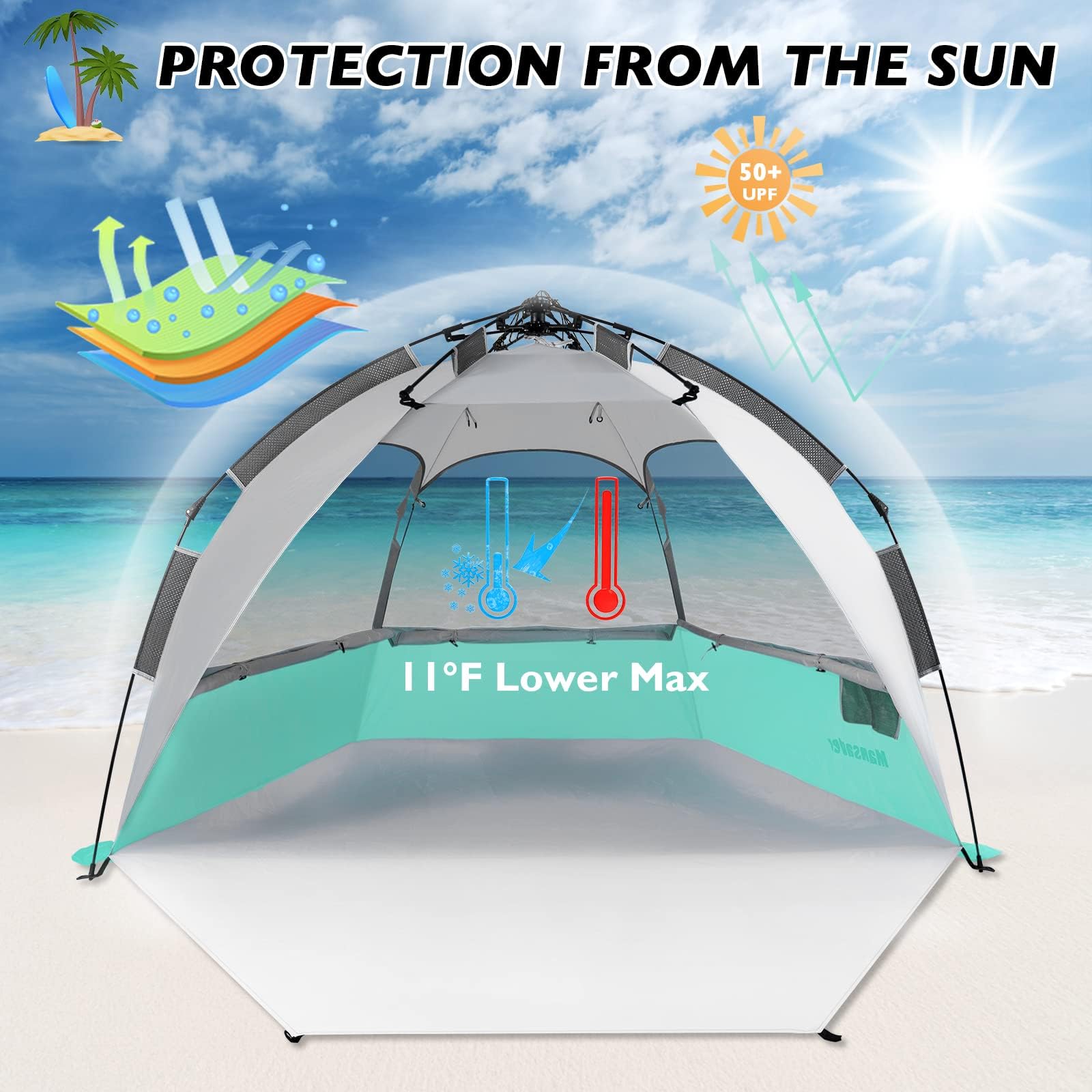 Mansader 2-3 Person Large Instant Pop Up Beach Tent, Uv Protection Portable Easy Setup Sun Shade Shelter, Extended Floor With 3