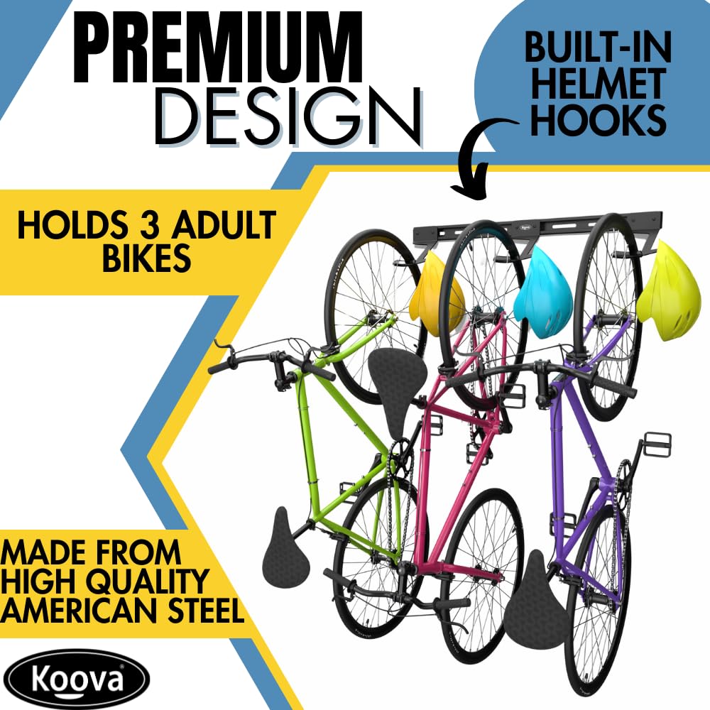Koova Usa-Made Garage Wall Mount Bike Rack For 2, 3 Or 6 Bicycles  Wide Hooks Fit Regular And Fat Tire Bikes  Includes Helmet St