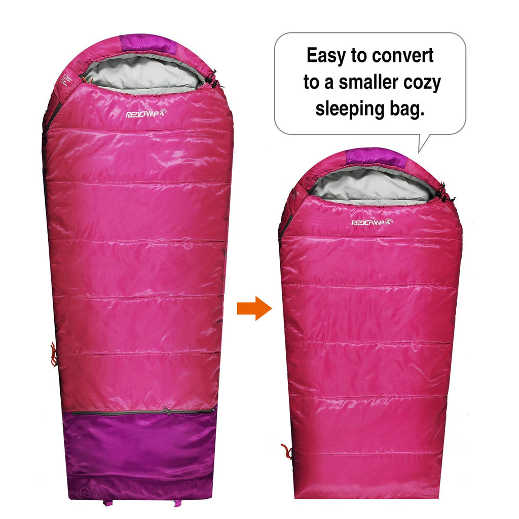 Redcamp Kids Mummy Sleeping Bag For Camping Zipped Small, 32 Degree All Season Cold Weather Fit Boys,Girls & Teens (Pink With 3.