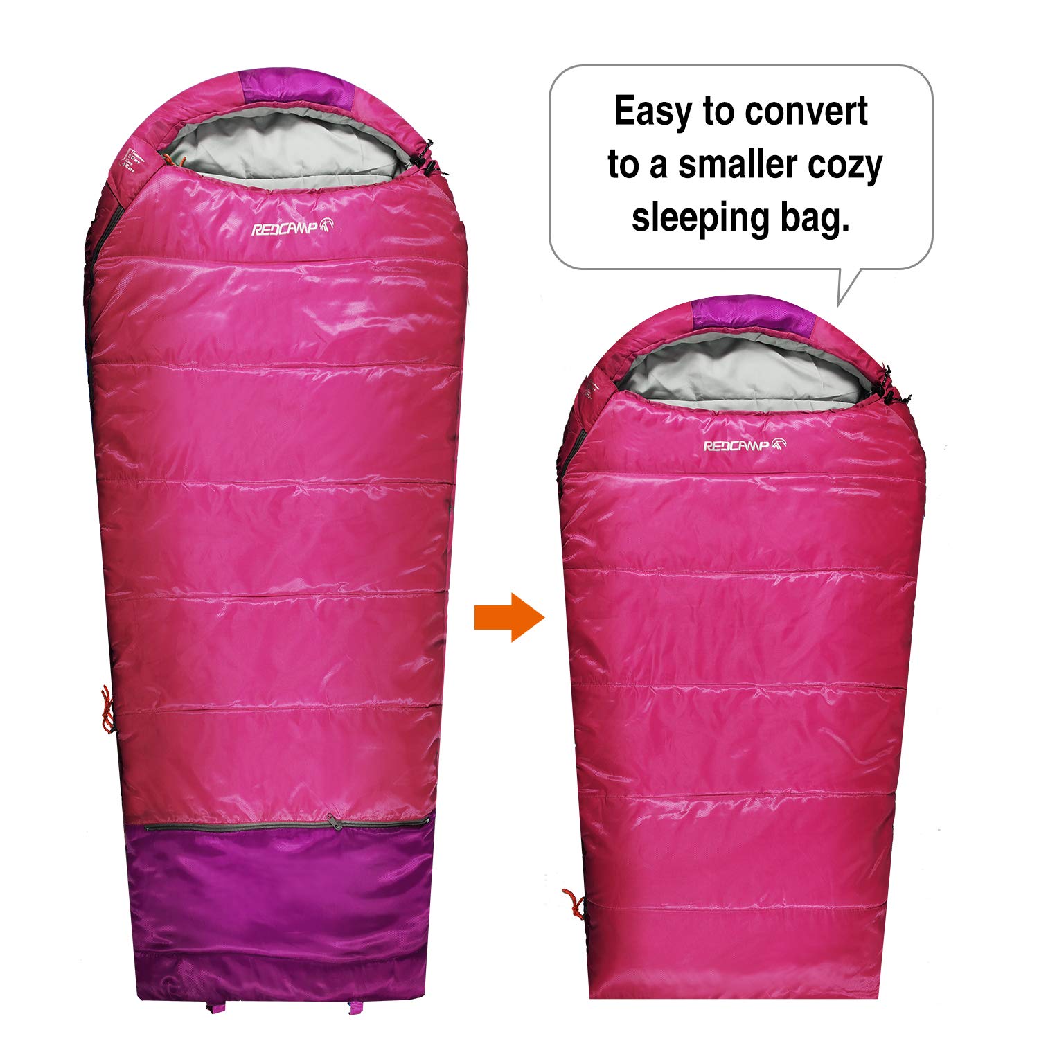 Redcamp Kids Mummy Sleeping Bag For Camping Zipped Small, 32 Degree All Season Cold Weather Fit Boys,Girls & Teens (Pink With 3.
