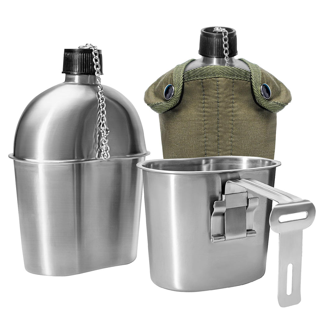 Afranti Stainless Steel Military Canteen 1Qt Portable Army Water Bottle With 0.5Qt Cup & Sleeves For Hiking Camping Climbing And
