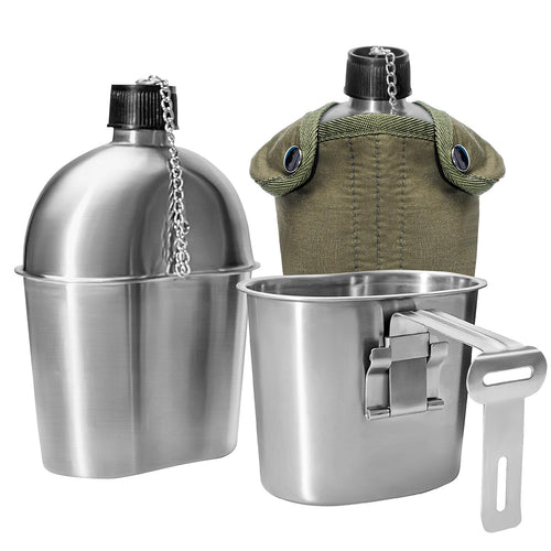 Afranti Stainless Steel Military Canteen 1Qt Portable Army Water Bottle With 0.5Qt Cup & Sleeves For Hiking Camping Climbing And
