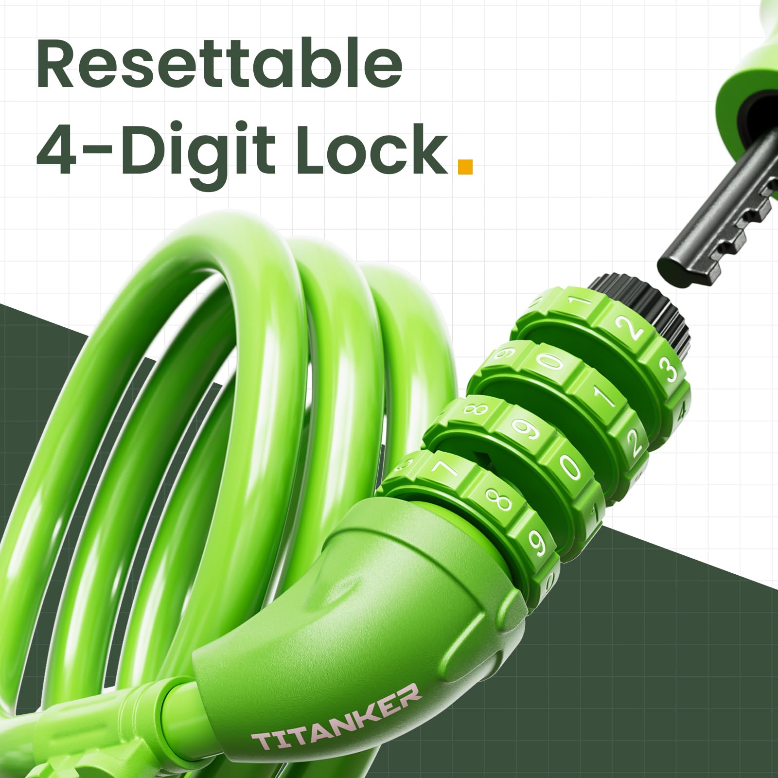 Titanker Bike Lock, 4 Feet Security Resettable Combination Coiling Bike Cable Locks With Mounting Bracket, 1/2 Inch Diameter (Gr