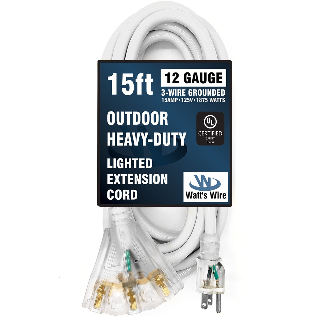 15 Ft - 12 Gauge Heavy Duty Outdoor Extension Cord - 3-Outlet Lighted Sjtw - White Heavy Duty Extension Cord By Watts Wire - 15 