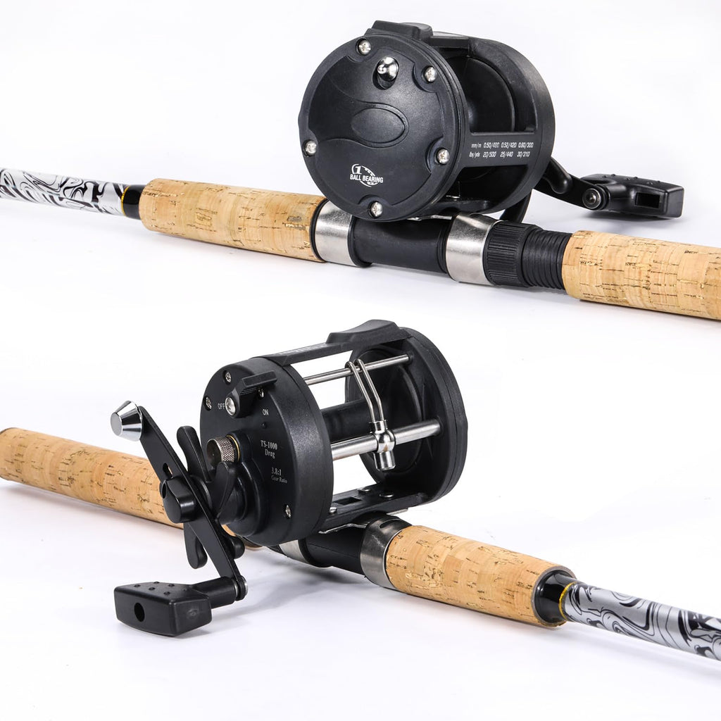 Sougayilang Fiberglass Fishing Pole Conventional Reel Combo With Durable P-Cork Rod Handle, Medium Heavy For Catfish Salmon And