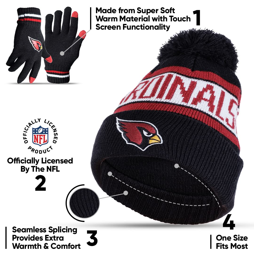 Ultra Game Nfl Mens Womens Super Soft Winter Beanie Knit Hat With Extra Warm Touch Screen Gloves, Arizona Cardinals, Team Color