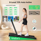Felfast Walking Pad Treadmill With 15% 9 8 Level Auto Incline, 2-In-1 Under Desk Foldable W/Remote Control, 12 Hiit Mode, 265 Lb