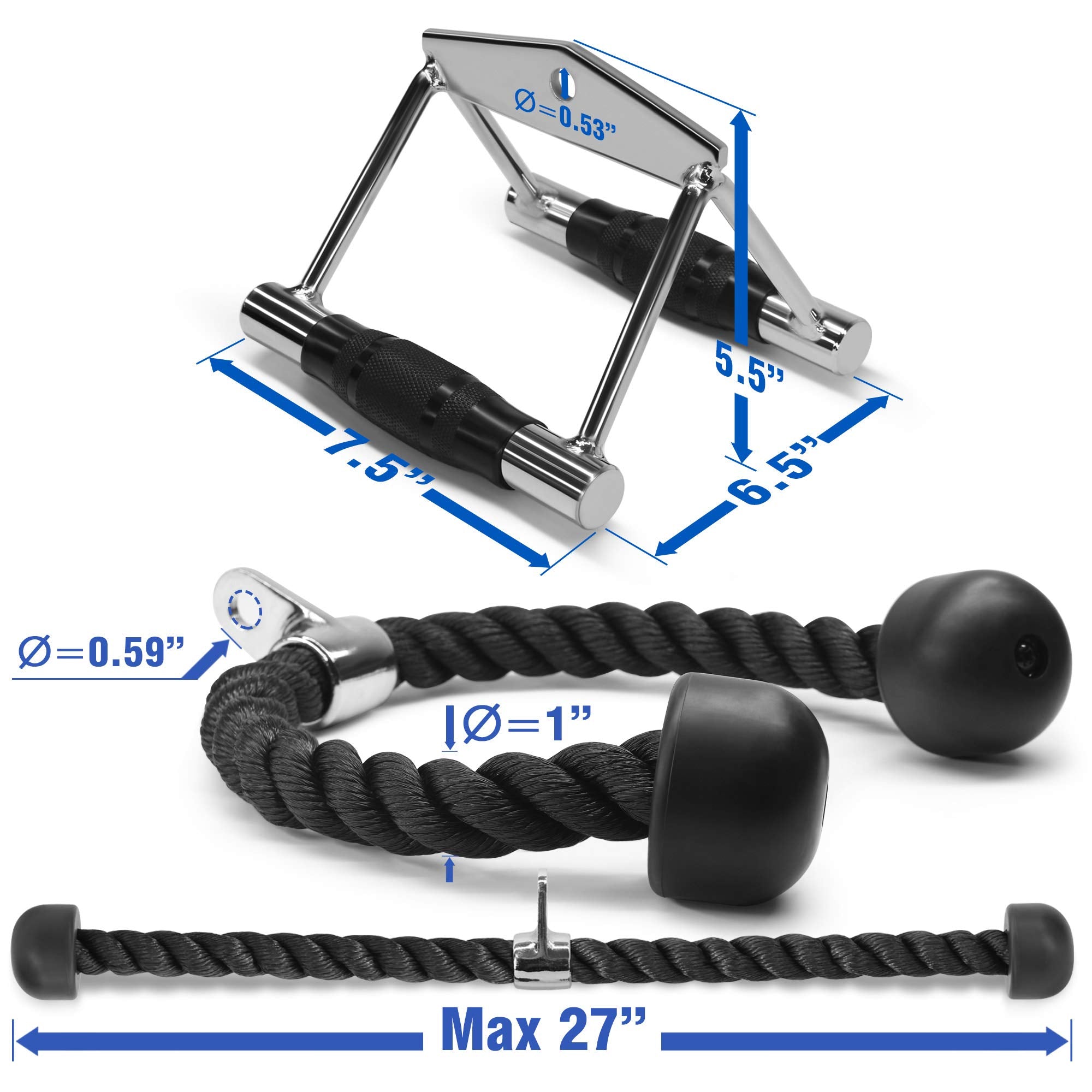 Yes4All Double D Handle Cable Attachment And Tricep Pull Down Rope - 2-In-1 Combo For Cable Machines