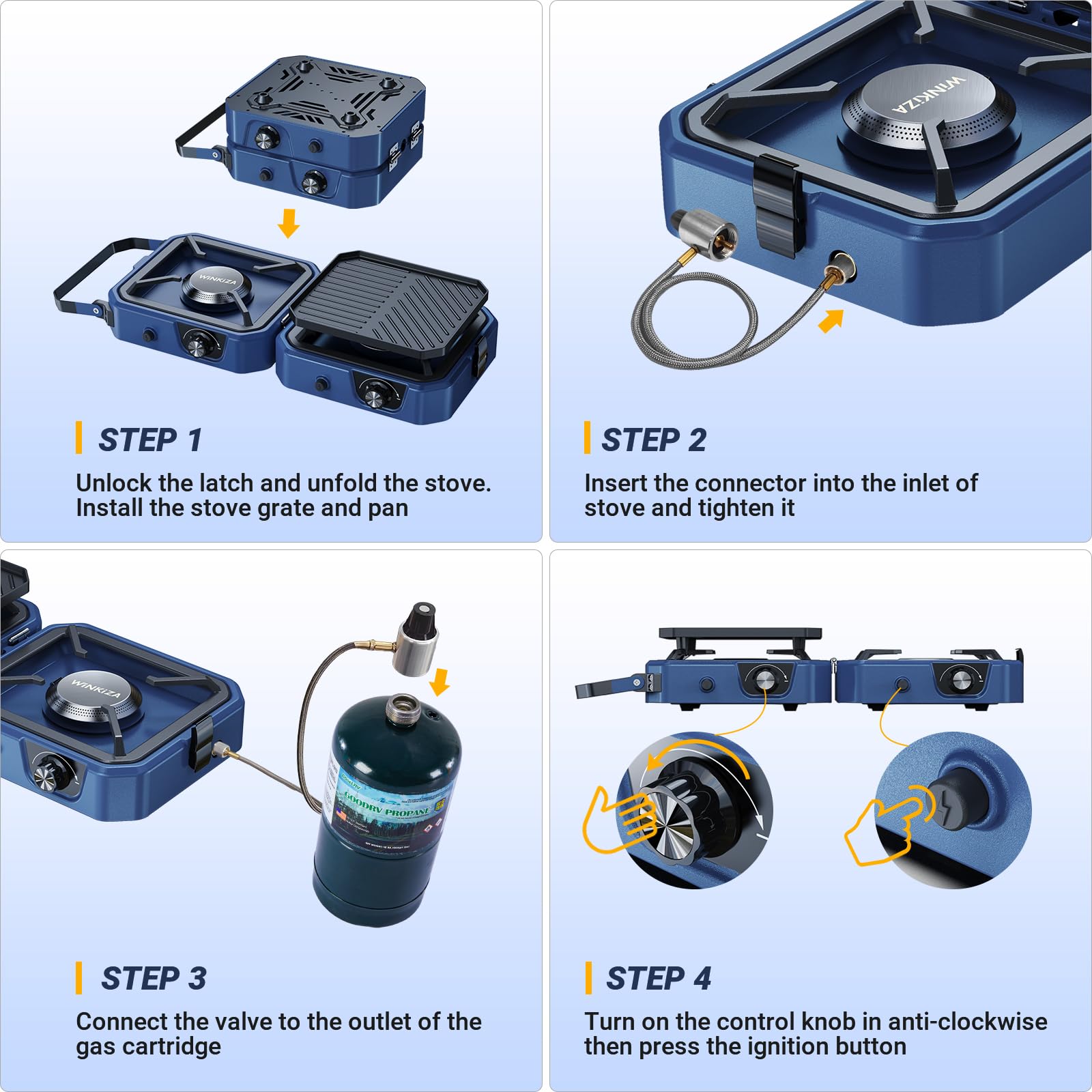 Winkiza 2 Burner Propane Camping Stove With Grill, Foldable Camp Stove With 16,000 Btu, Two Adjustable Burners With Piezo Igniti