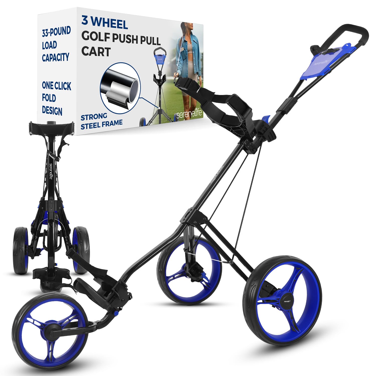 Serenelife 3-Wheel Golf Push Cart - Lightweight Folding Walking Roller Trolley Bag Storage, Upper & Lower Bracket W/Elastic Stra