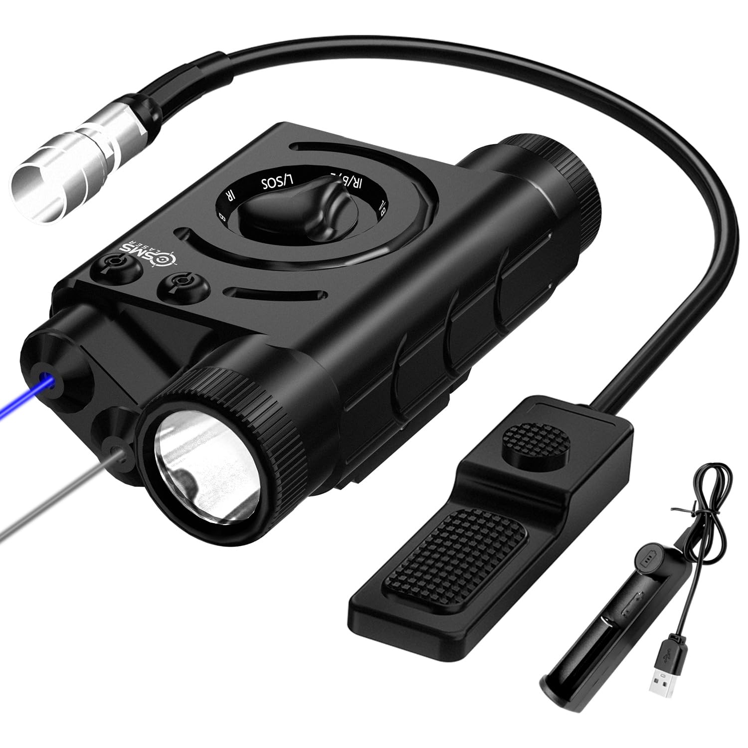 SMSlaser Upgraded Blue Laser Sight + Infrared(IR) Laser Beam + 1200 Lumens Tactical Flashlight with Rechargeable Battery, Includ