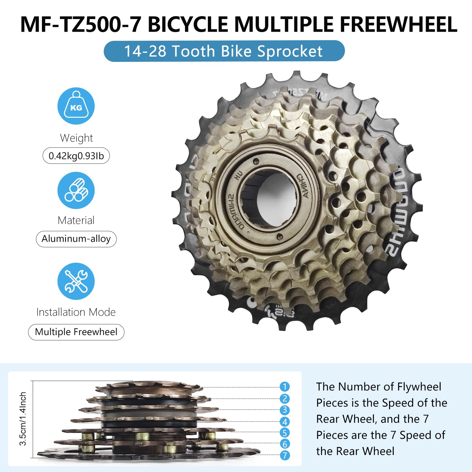 Rainflowwer Shimano 7 Speed Bike Freewheel, Mf-Tz500-7 Bicycle Freewheel 14-28T Multiple Freewheel Cycling Replacement Part