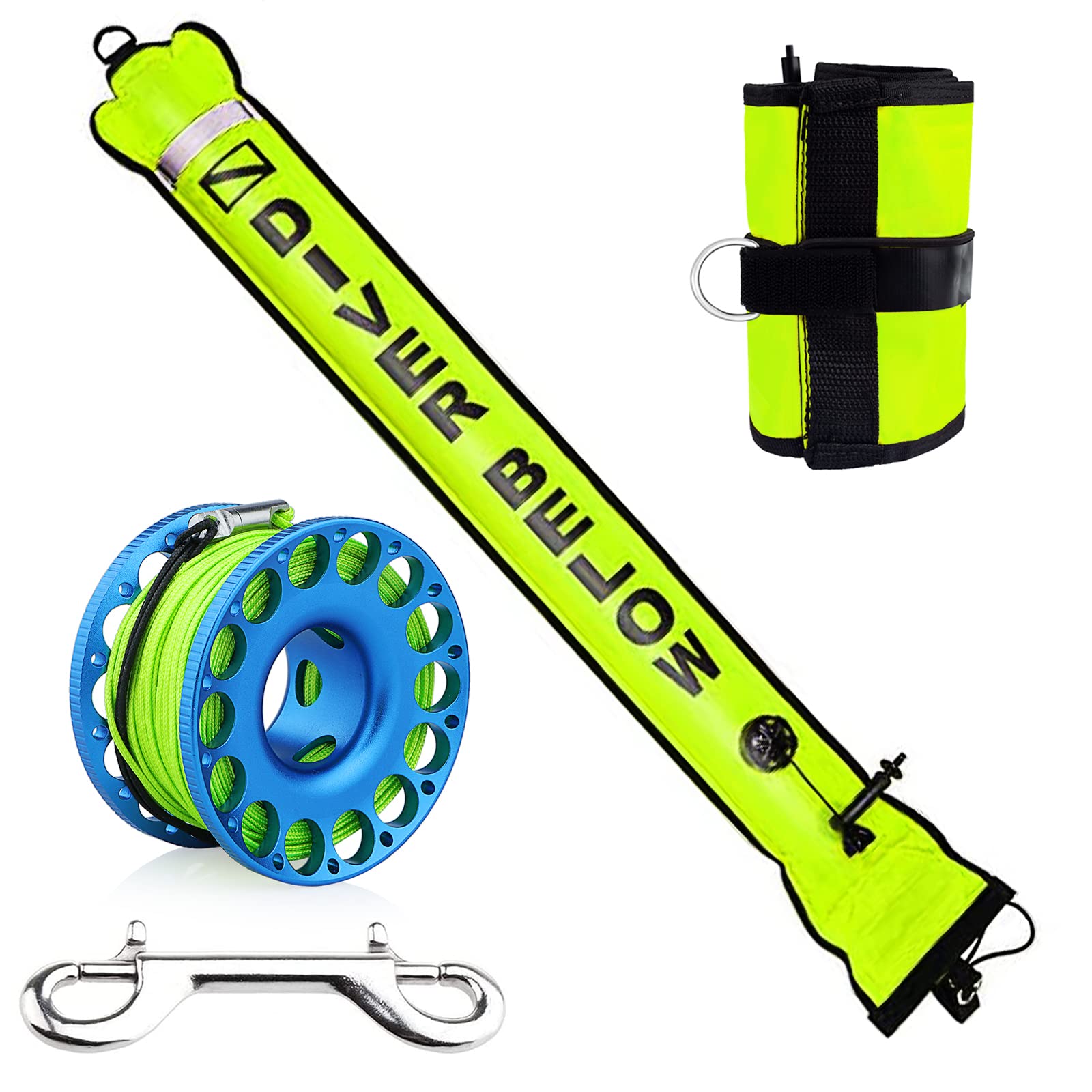 Seafard 5ft Yellow Scuba Diving Open Bottom Surface Marker Buoy (SMB) with 98ft Finger Spool Alloy Dive Reel and Double Ended Bo