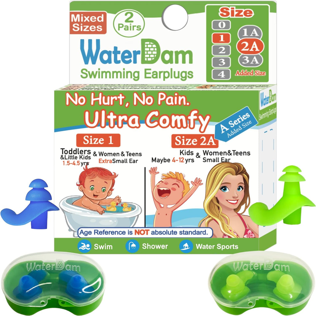 Waterdam A-Series Swimming Ear Plugs Ultra Comfy Great Waterproof Earplugs (Mixed Sizes, Size 1+2A: Small Ear Women Teens Kids (