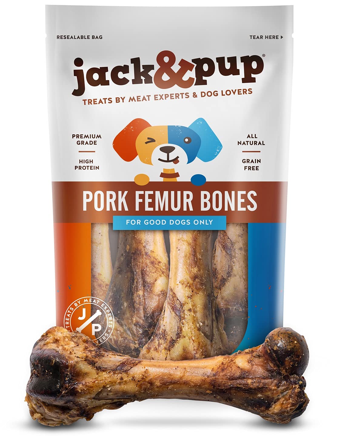 Jackpup Pork Femur Bones For Dogs Long Lasting  Gourmet Beef Dog Bones For Aggressive Chewers (4 Pack)