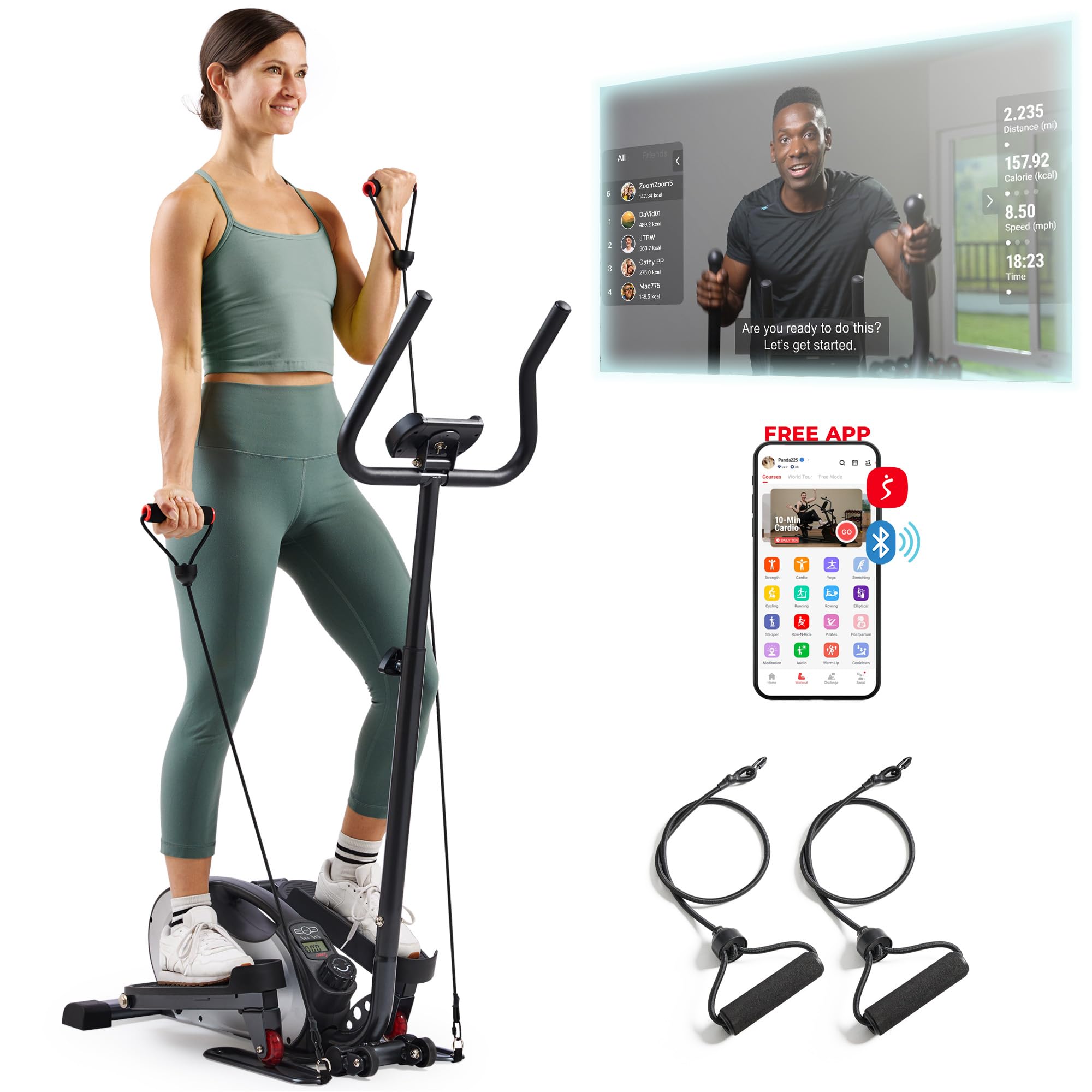 Sunny Health & Fitness Smart Compact Elliptical Cross Trainer with Handlebar and Exercise Bands, Magnetic Resistance, Senior Hom